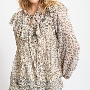 Easel Floral Pleated Blouse with Ruffles